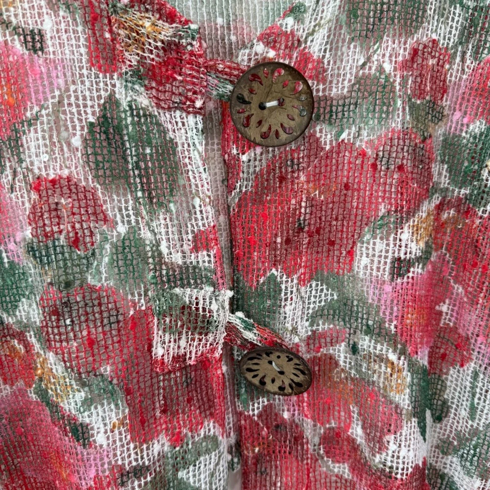 Nina Leonard Floral Mesh Lagenlook Boho Cardigan L Floral Sequin Wood Buttons